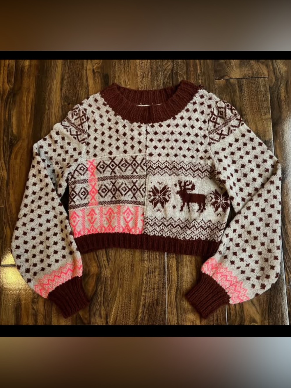 Free People Fair Isle Cropped Sweater - Cream, Burgundy & Pink